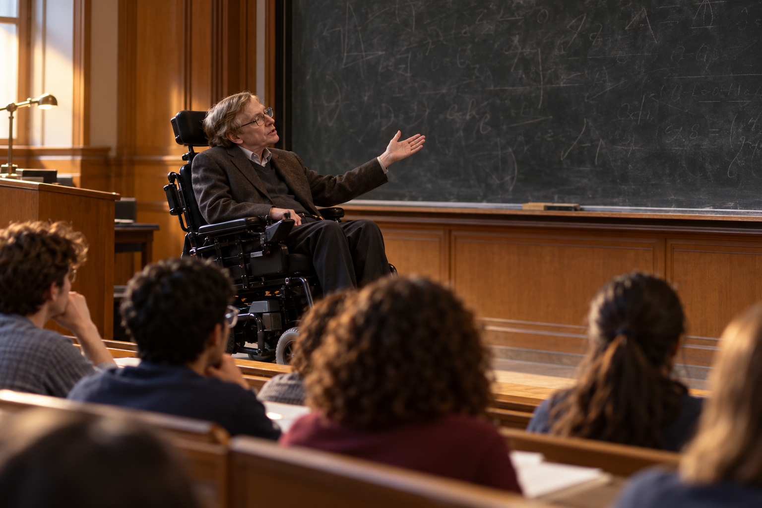 A generic theoretical physicist addresses a university lecture hall from a lectern.