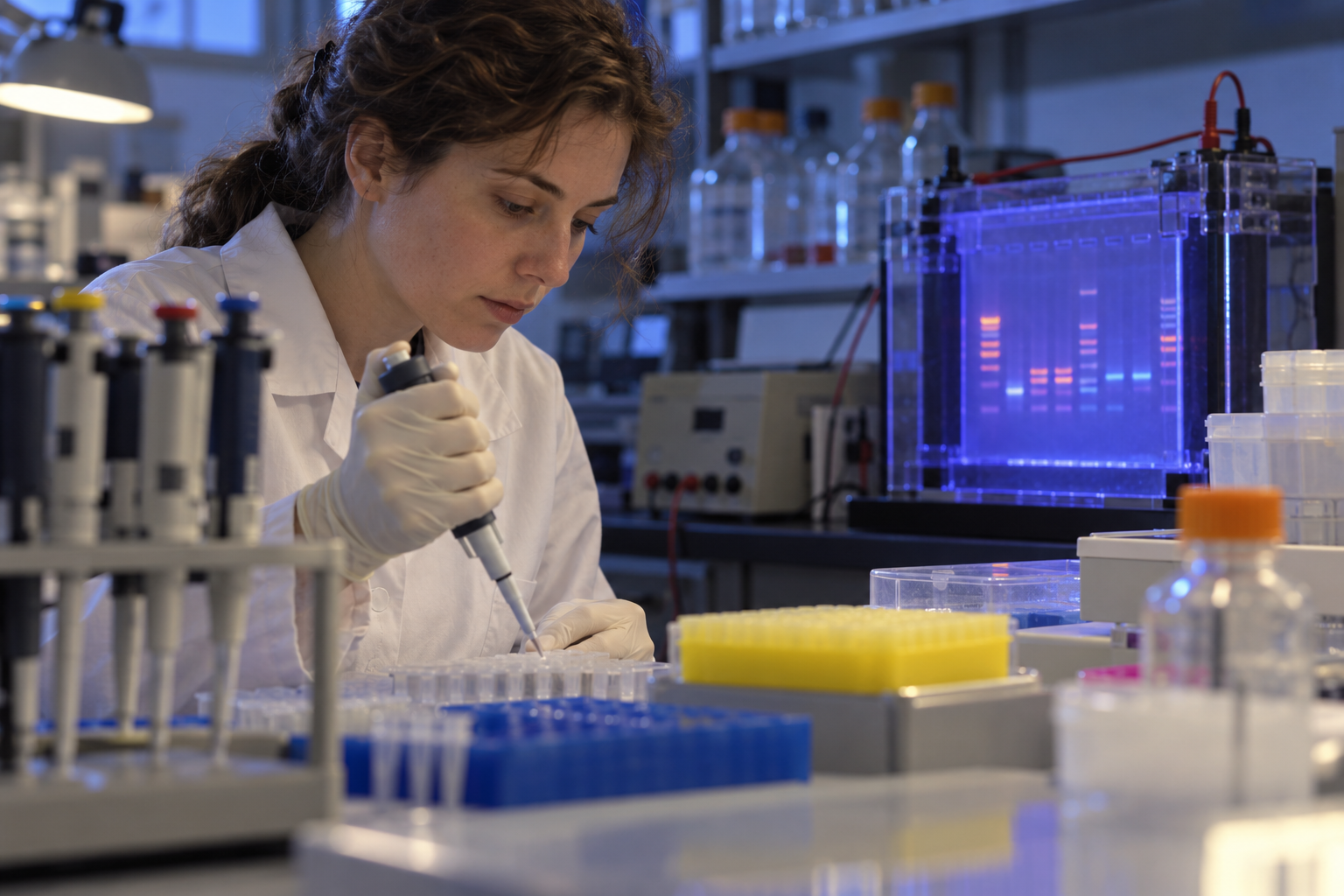 A molecular biology researcher examines samples beside a gel electrophoresis apparatus.
