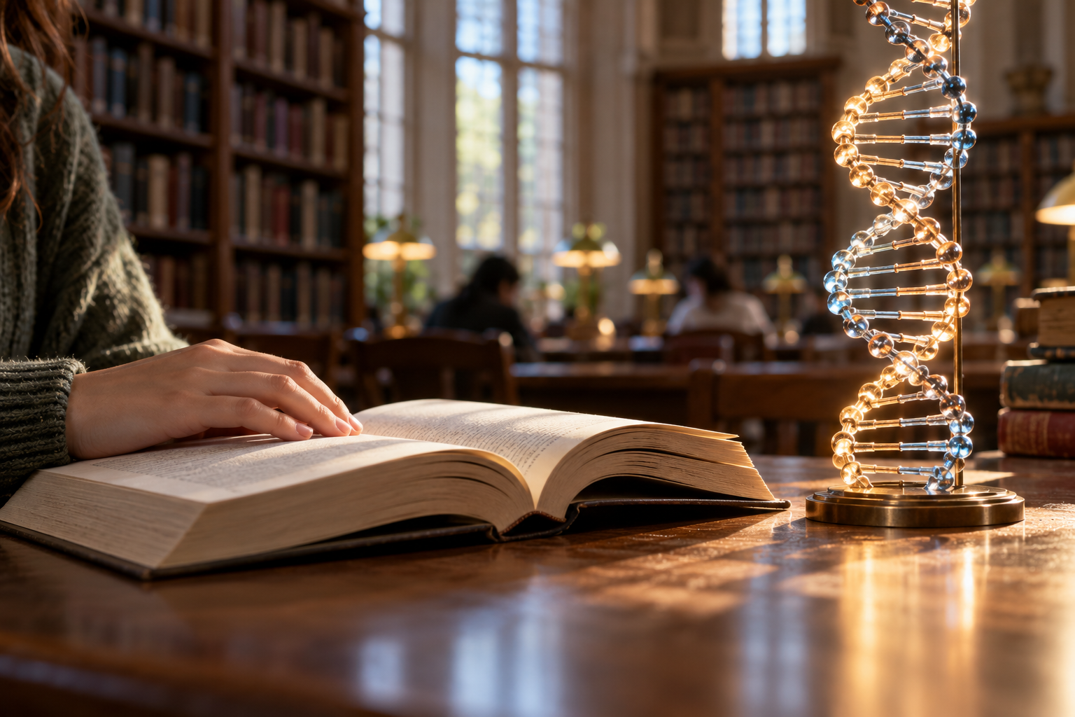 An open paperback rests beside a molecular DNA model in a university library.