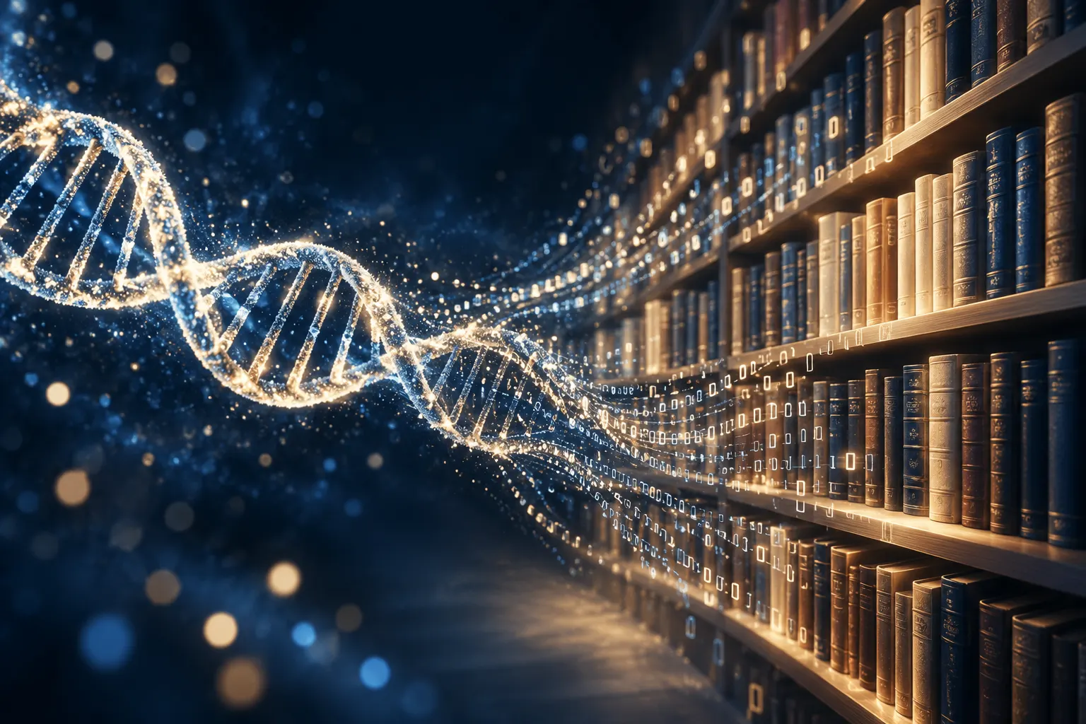 Synthetic DNA helix and books illustration.