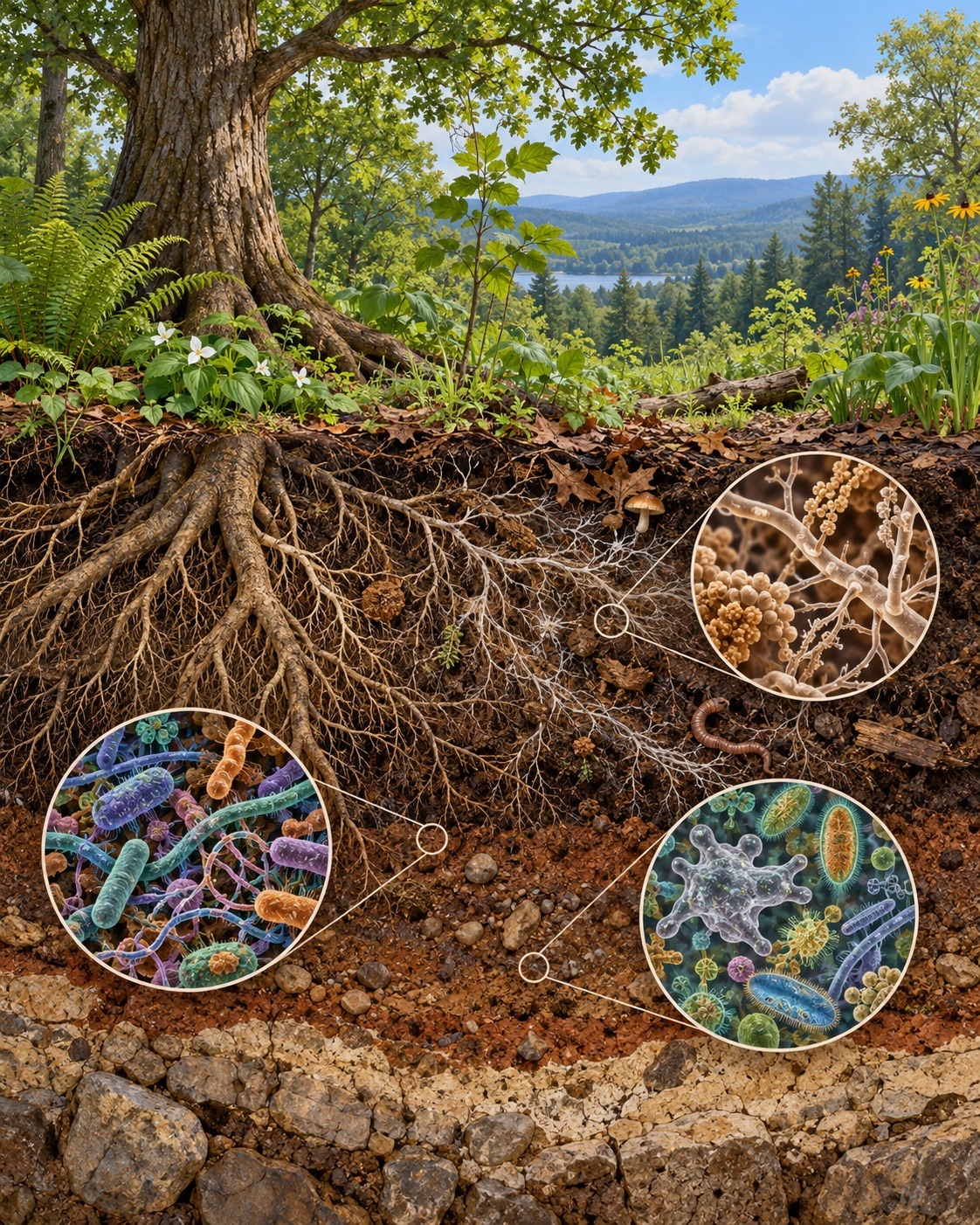 AI-generated conceptual illustration contrasting terrestrial plant biomass and a magnified soil microbe community. It does not encode relative quantities or act as a data chart. Prompt: “Educational natural history illustration, vertical 4:5. A cross-section view combining a living terrestrial landscape and its soil: large trees and green plants above ground, intricate soil layers below with numerous tiny bacteria-like microorganisms shown in magnified artistic detail. Convey that plant biomass is extensive and microbes are numerous but do not visually imply exact proportional amounts. Museum science illustration, realistic but conceptual, earthy palette, clear scale transition with a magnifying effect. No text, labels, numbers, pie chart, or data markings. Not documentary imagery.” Generated 2026-10-29; no external source or documentary role.