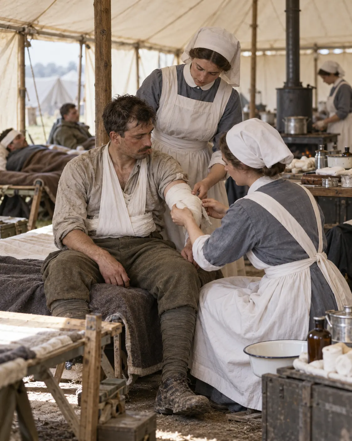 AI-generated illustrative reconstruction of period humanitarian medical care, non-graphic. Generated 19 October 2026. Prompt: “Photorealistic editorial reconstruction of neutral humanitarian medical relief work in Europe during World War I: volunteer caregivers in a simple field hospital tending to a seated injured adult, respectful non-graphic scene, period-accurate clothing and equipment, vertical 4:5. Generic illustration, not ICRC staff or a documentary image, no protected red-cross emblem, no text or logos.”