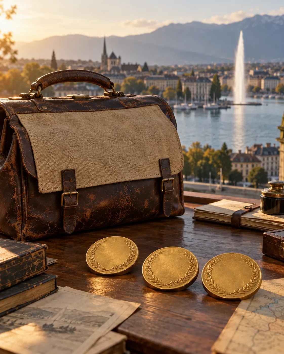AI-generated cover: a plain medical satchel, three generic award medallions and Geneva's lakeside skyline. Generated 19 October 2026. Prompt: “Create a photorealistic vertical 4:5 editorial cover for a factual story about the International Committee of the Red Cross receiving the Nobel Peace Prize three times. Show a worn early-20th-century medical satchel with plain blank fabric (absolutely no cross, no plus sign, no red mark, no insignia), three simple unmarked gold award medallions arranged on a desk, and a softly blurred Geneva lakeside skyline in the background. Warm cinematic natural light, historically evocative but not claiming a specific documented scene. Do not include any red-cross symbol or other emblem, no writing, no logos, no recognizable Nobel medal design.”