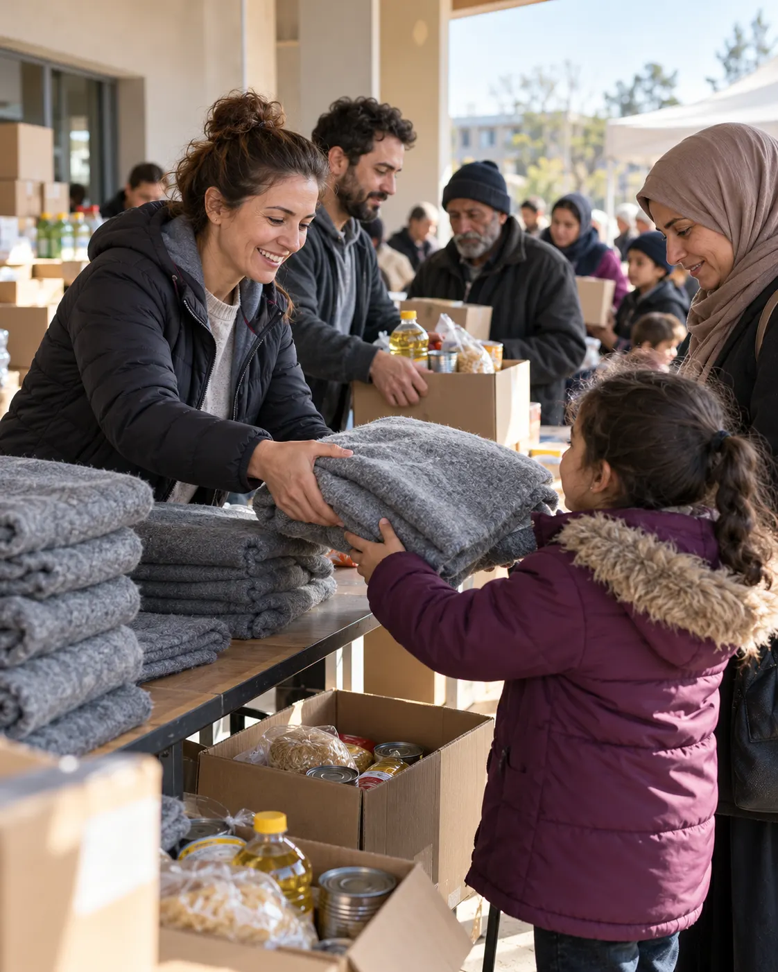AI-generated illustrative scene of contemporary humanitarian aid distribution. Generated 19 October 2026. Prompt: “Photorealistic editorial image of humanitarian aid workers distributing blankets and food parcels to families at a community relief center, respectful candid scene, no uniforms or protected emblems, vertical 4:5. Generic contemporary illustration, no depiction of a specific organization, no readable text or logos.”