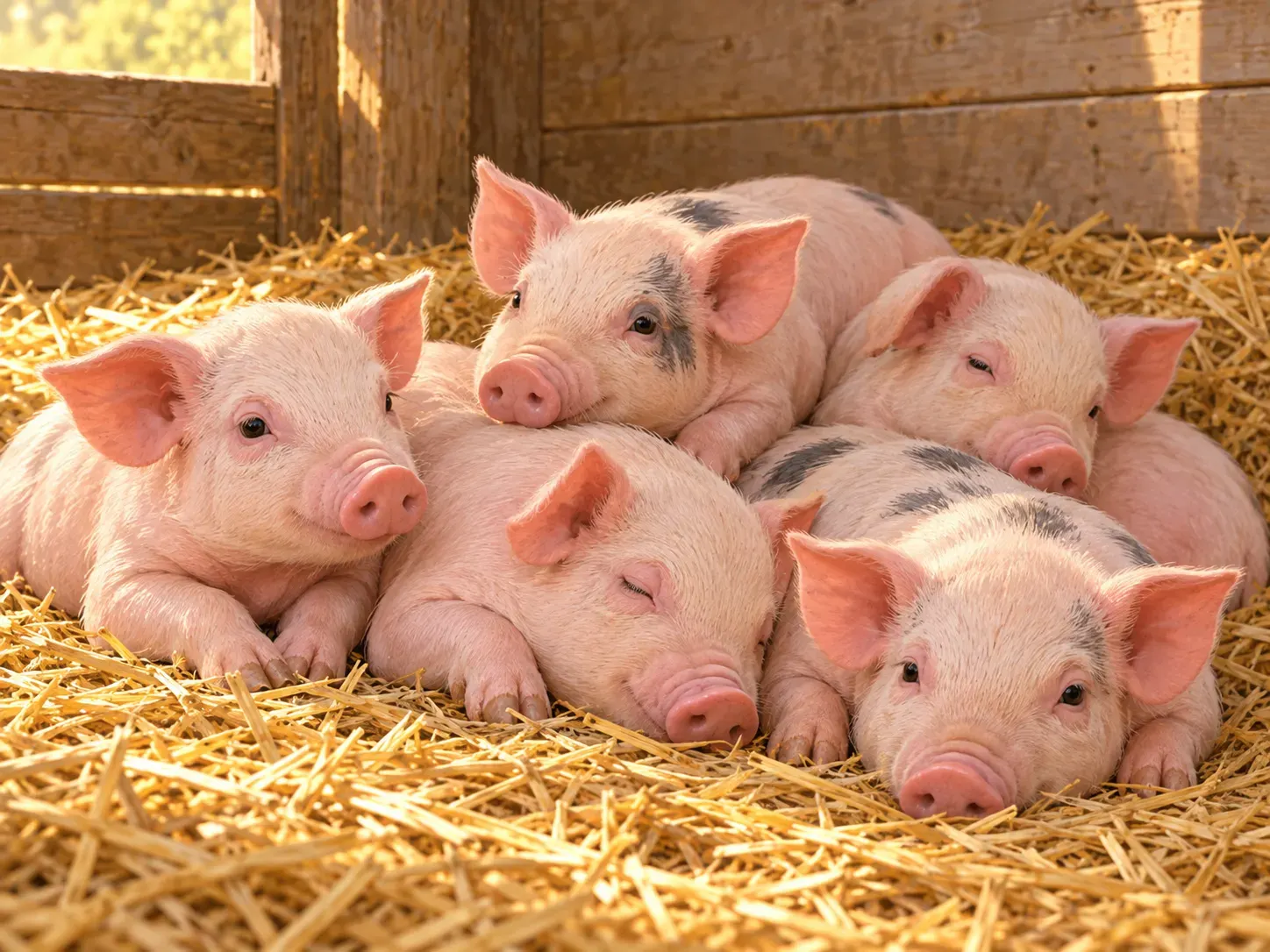 AI-generated illustration of piglets resting together on straw. Created 2026-10-13 for this package with OpenAI image generation. No external creator, source page, or reuse license. It is not a photograph or documentary evidence; the post discloses that it is AI-generated.