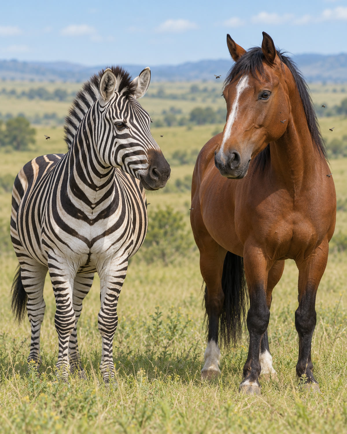AI-generated conceptual illustration of a zebra and horse with a few flies nearby; does not claim that zebras are immune to bites. Generated 2026-10-29.