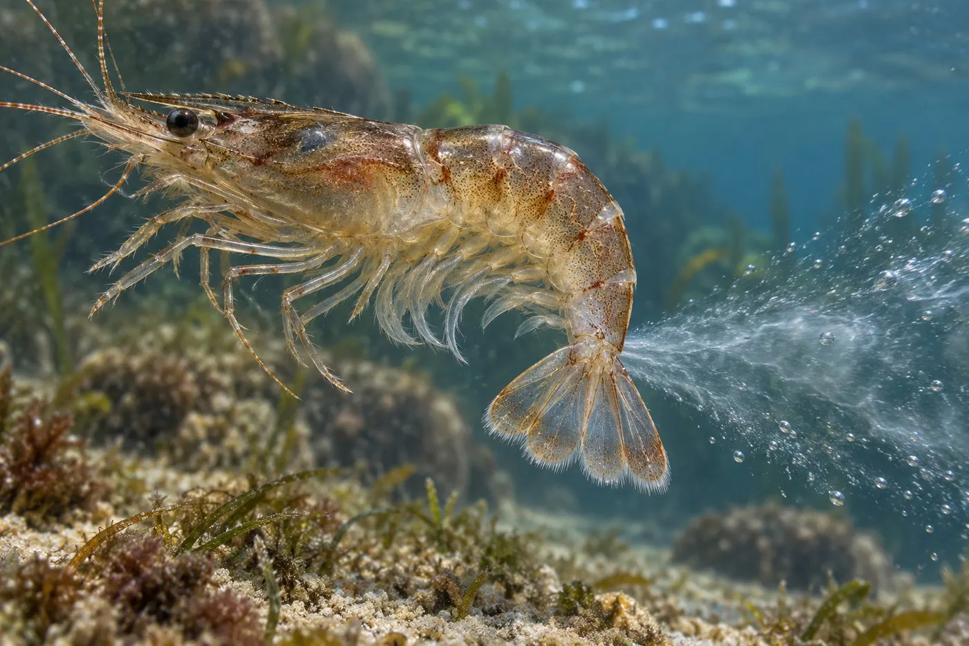 Close side view of a shrimp's curled abdomen and tail fan with a restrained cue for backward propulsion.