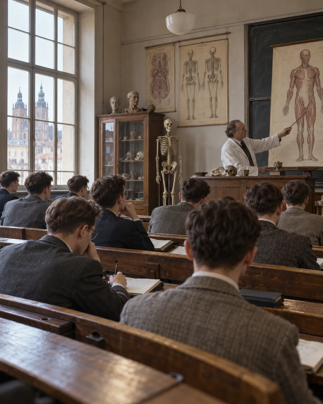 AI-generated reconstruction of a postwar medical lecture, illustrating Lem’s medical coursework.