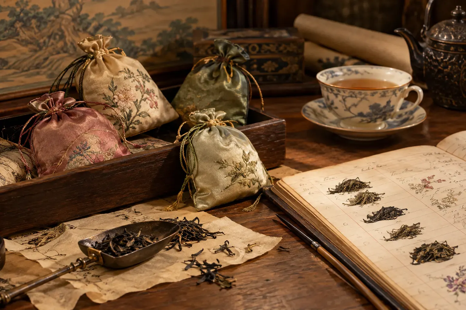 ілюстрація, створена ШІ за промптом: “Editorial still life of early 1900s tea samples in small hand-sewn silk sachets beside a teacup and handwritten merchant ledger, warm historical illustration, no text, no branding.”