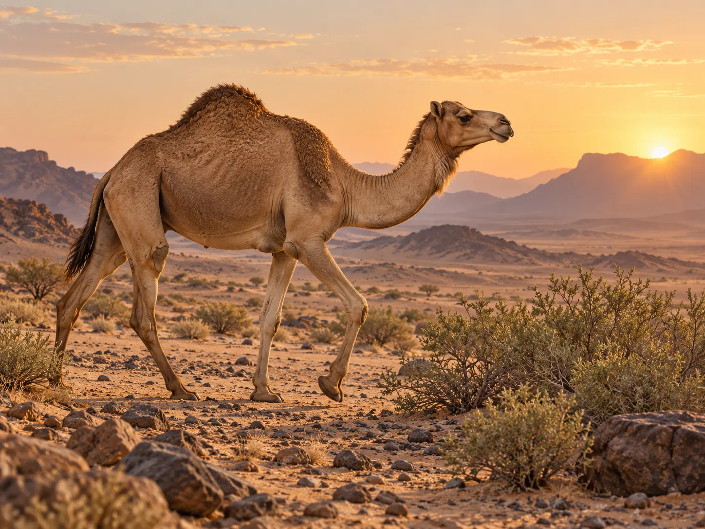 original AI-generated editorial illustration of a dromedary in an arid landscape. Generated for this package on 2026-10-13. No external creator, source URL, or third-party license applies; the project may reuse it. It is illustrative, not evidence of a particular dehydration trial. Both language versions disclose its AI origin.