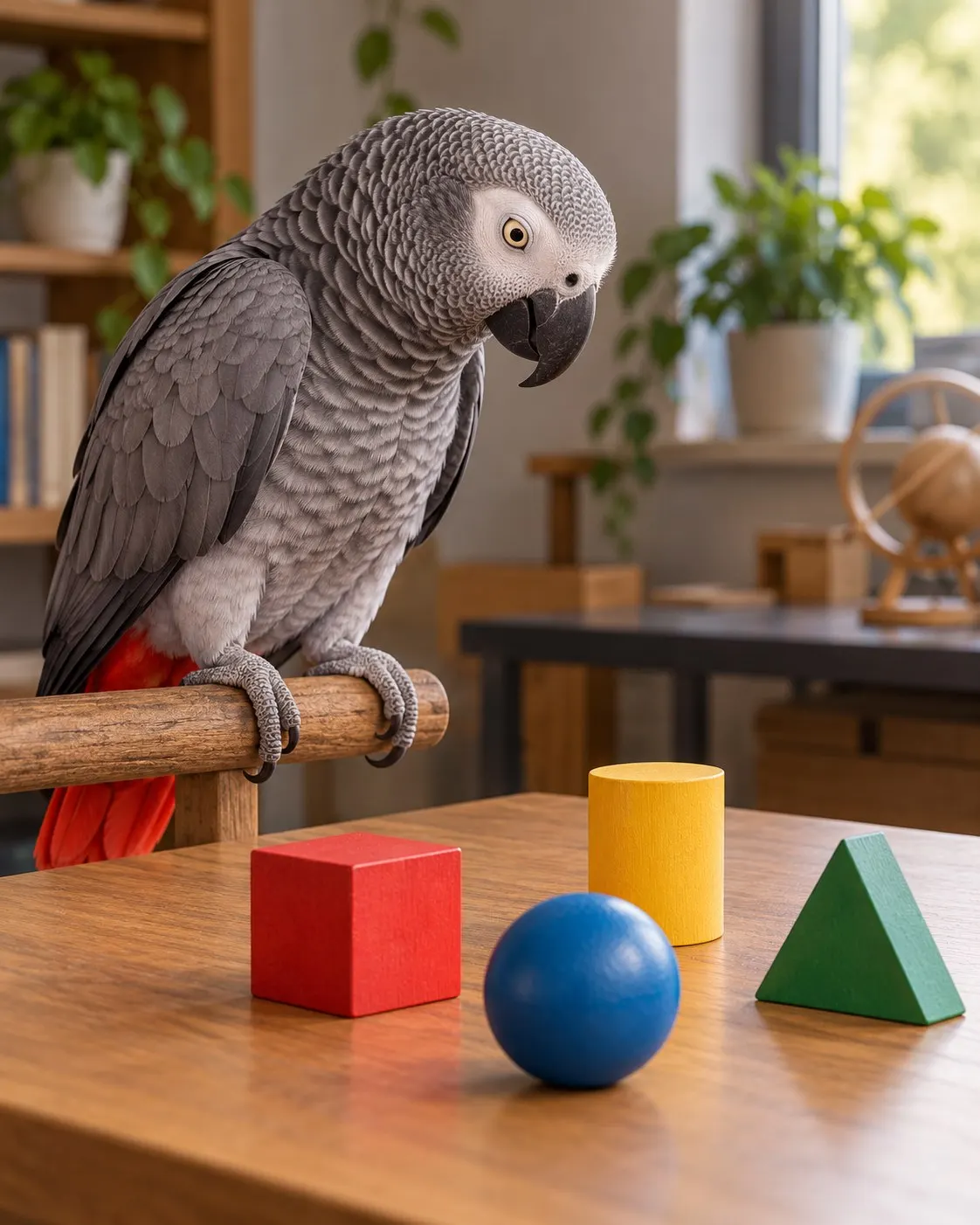 AI-generated cover illustration: an African grey parrot studies several colorful geometric objects in a fictional research room. It is not Alex and does not depict the actual study. Origin: OpenAI image generation. Generated: 2026-10-20. Prompt: “Photorealistic vertical 4:5 editorial cover showing a mature African grey parrot perched in a calm research room, with a small set of colorful geometric wooden objects on a table nearby. The parrot watches the objects attentively; natural grey feathers, red tail, black beak, warm soft studio light. This is a fictional illustrative reconstruction of cognitive testing, not the famous parrot Alex and not a documentary scene. No people, no text, no labels, no cages.”