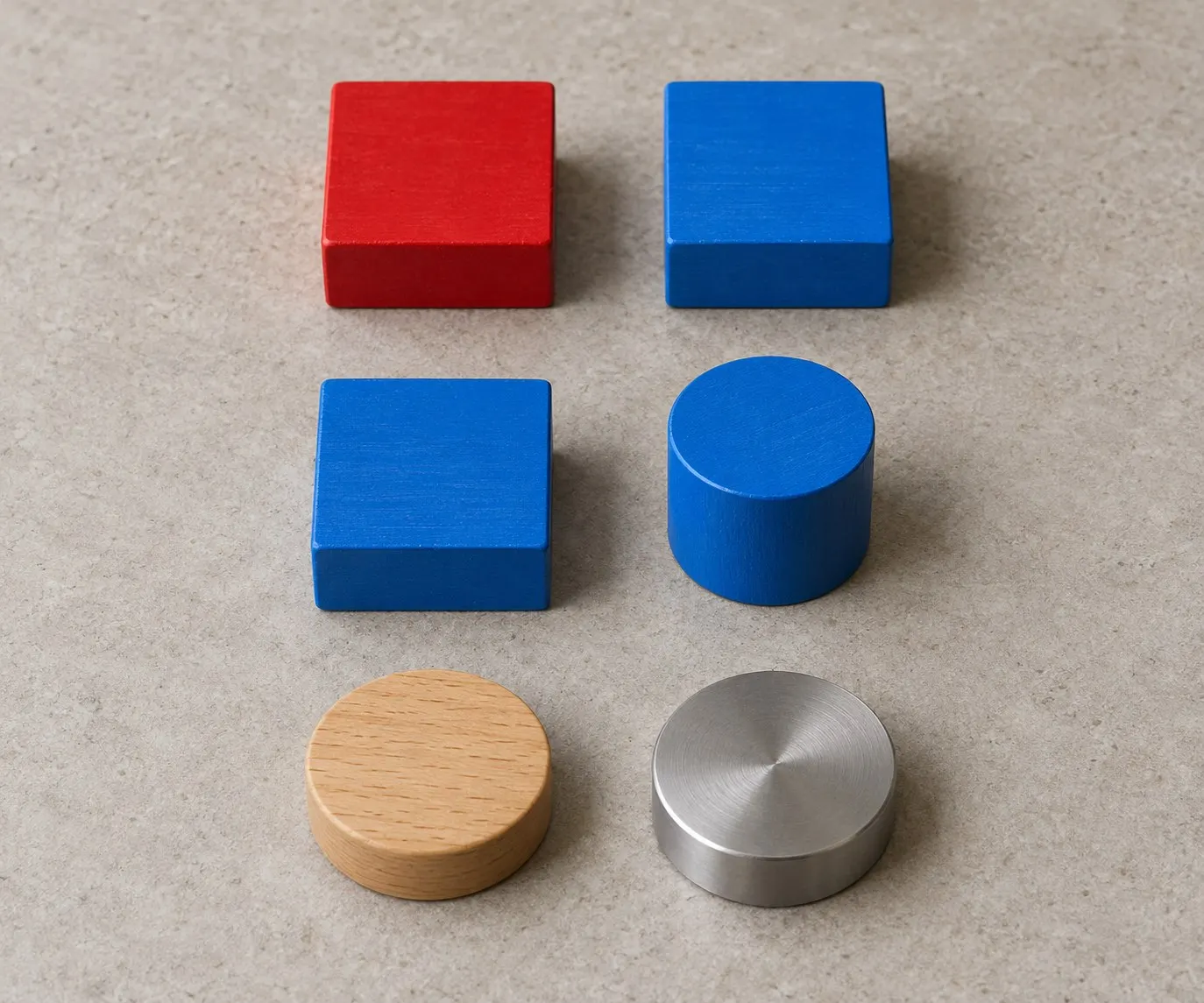 AI-generated explanatory still life showing three conceptual pairs of objects: same shape/different color, same color/different shape, and same shape/different material. These are generic examples, not the actual objects used with Alex. Origin: OpenAI image generation. Generated: 2026-10-20. Prompt: “Photorealistic top-down editorial still life on a neutral research tabletop showing three separate pairs of test objects for comparing properties: a red square block beside a blue square block (same shape, different color); a blue square block beside a blue cylinder (same color, different shape); a small smooth wooden disk beside a metal disk of the same shape (same shape, different material). Arrange the three pairs clearly in separate rows with even spacing, no bird, hands, labels, or text. Explanatory reconstruction of categories used in parrot cognition tests, not the actual study apparatus or Alex's exact objects.”