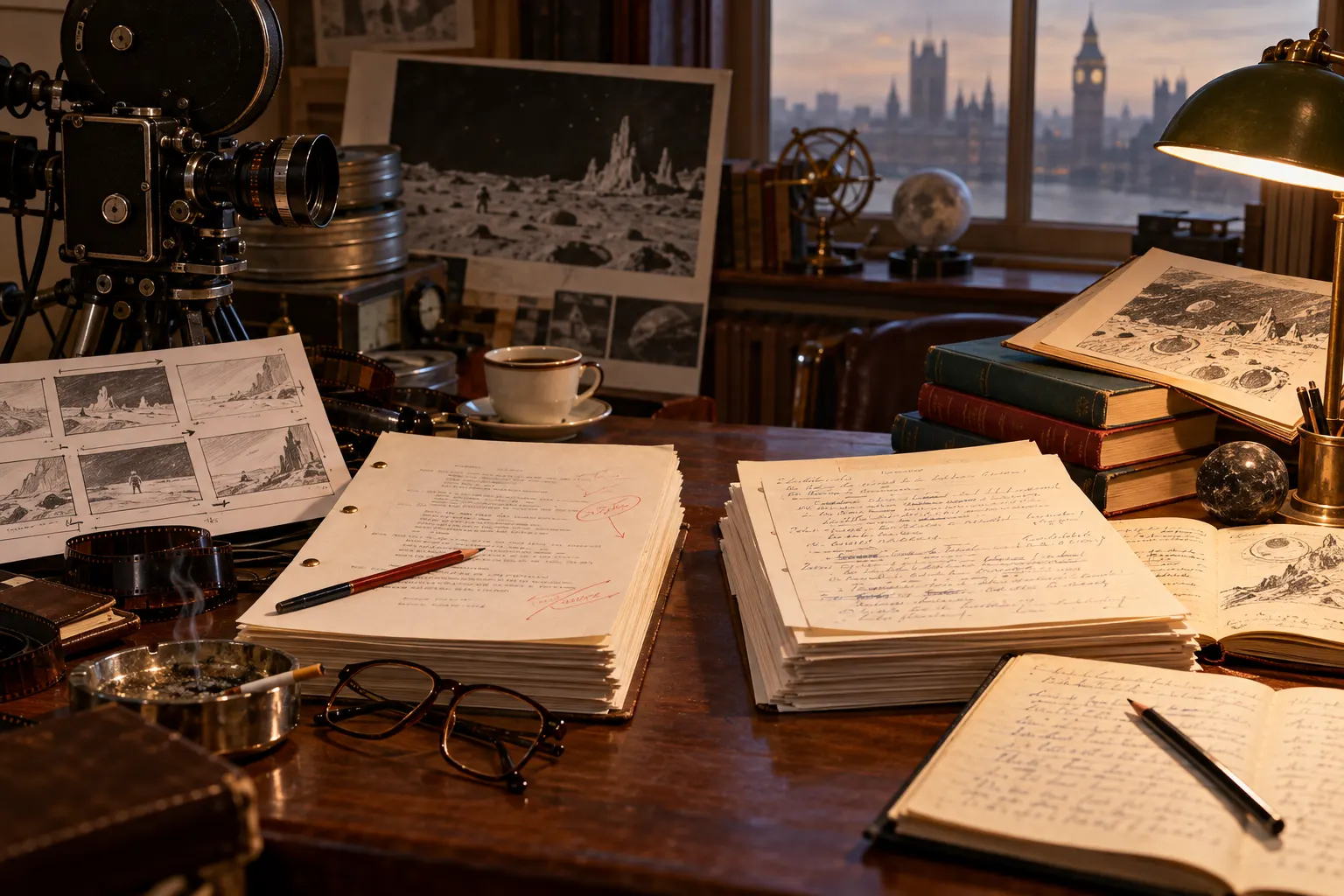 AI-generated editorial still life contrasting screenplay materials and storyboards with a novelist's annotated pages, representing the parallel development of the film and book.