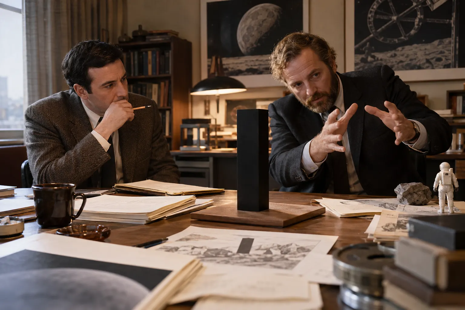 Титульна AI-згенерована ілюстрація / AI-generated cover illustration. Two fictionalized mid-1960s collaborators discuss manuscripts beside a symbolic monolith maquette, representing Kubrick and Clarke's joint development of *2001: A Space Odyssey*.
