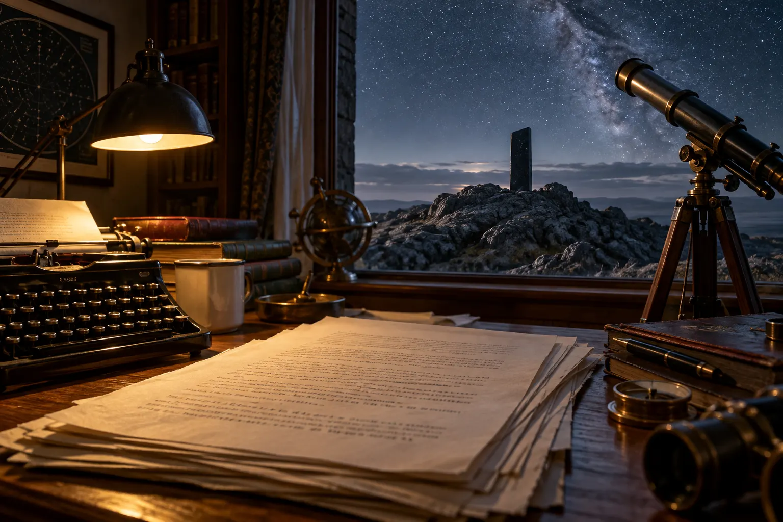 AI-generated editorial illustration of a writer's study, manuscript pages, telescope, and a symbolic monolith on a rocky ridge, evoking Clarke's “The Sentinel.”
