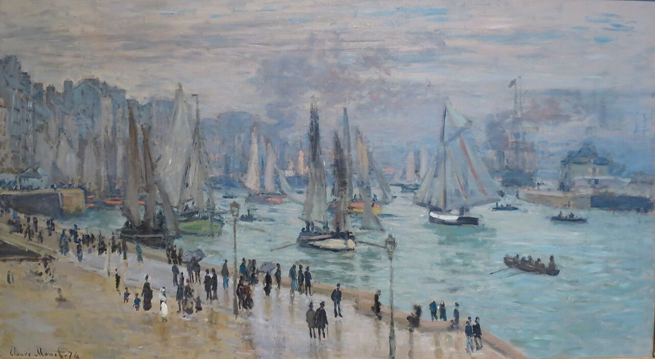 Claude Monet, *Le Havre, Bateaux de Pêche Sortant du Port* (1874), Wikimedia Commons, public domain. [Source](https://commons.wikimedia.org/wiki/File:%27Le_Havre,_B%C3%A2teaux_de_Peche_Sortant_du_Port%27_by_Claude_Monet,_1874.JPG). Visually checked.
