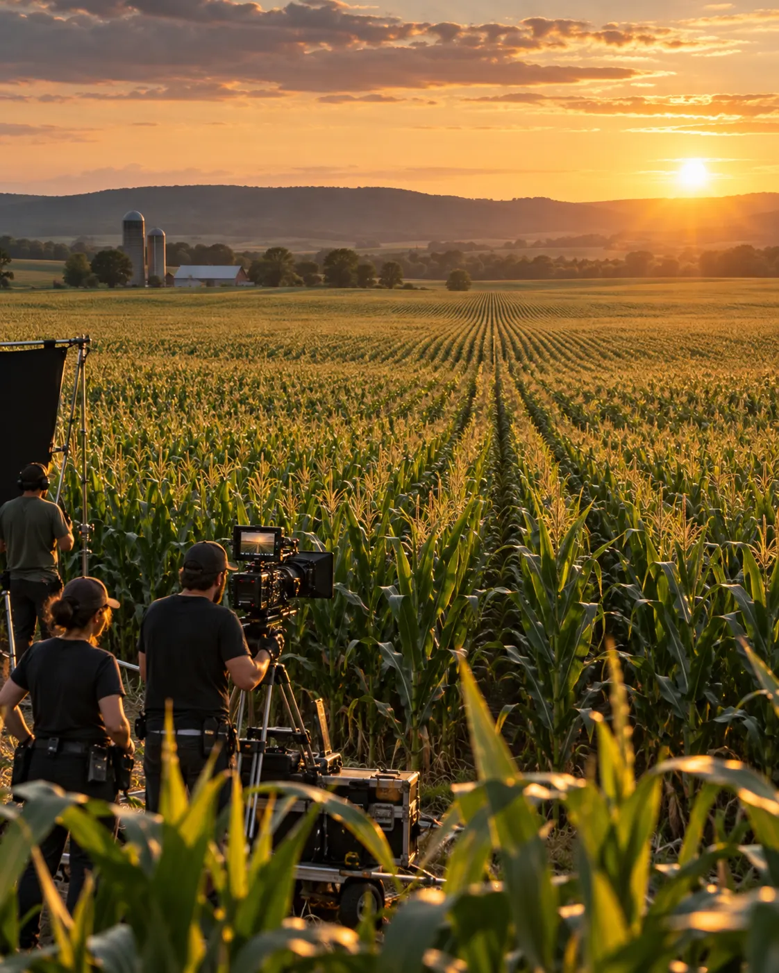 AI-generated illustrative image of a film crew in a real cornfield; not a frame from Interstellar or its production.