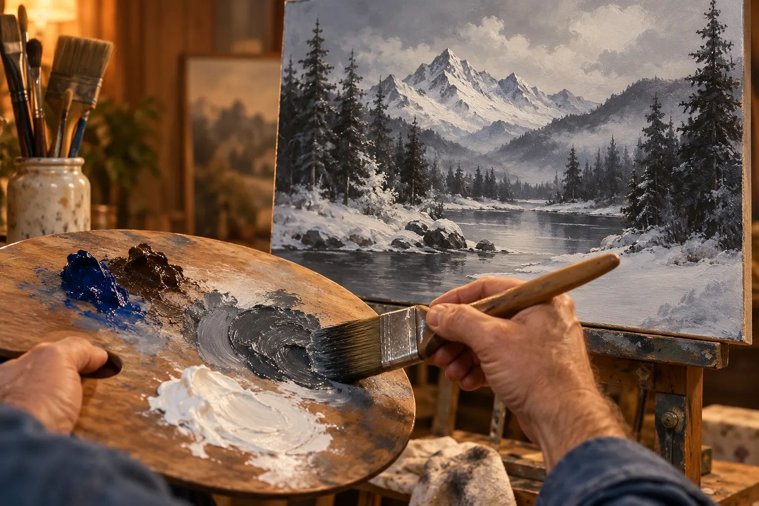 Титульна AI-ілюстрація / AI-generated cover illustration. Hands mixing blue, brown and white beside an invented grey mountain landscape; symbolic palette demonstration, not Bob Ross or a frame from his programme.