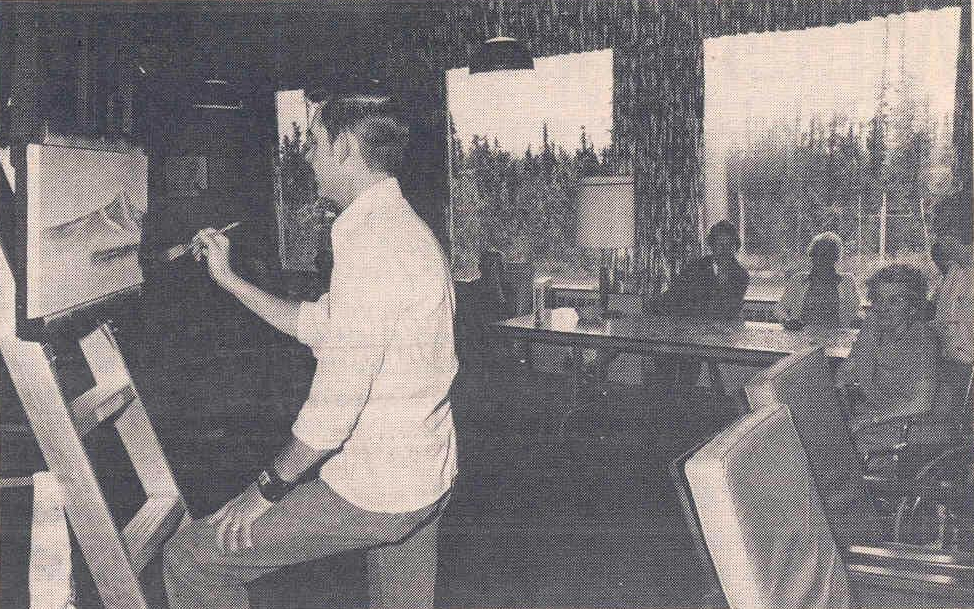 Боб Росс демонструє живопис на Алясці у 1970-х; це не кадр Shades of Grey / Bob Ross demonstrating painting in Alaska in the 1970s; not a frame from Shades of Grey.