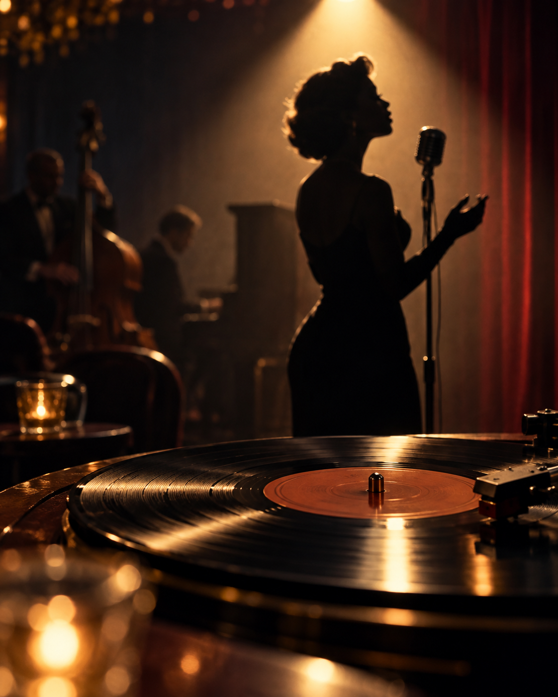 AI-generated symbolic cover of a classic jazz-club singer and vinyl record; not a portrait or album cover.