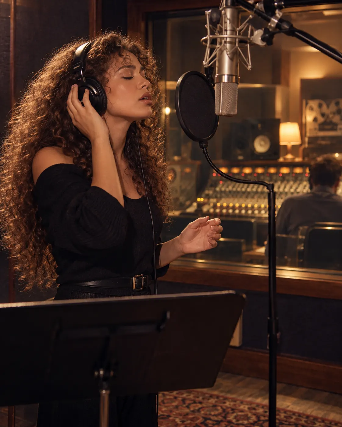 AI-generated illustration of a singer in a recording studio, created for related fact 2143 and reused as generic album-production context; it does not depict Kylie Minogue or the making of *Fever*. Prompt/provenance: `fact-publications/fact-2143/media.md`.