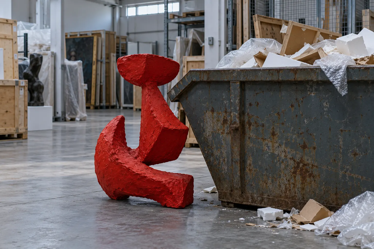 AI-generated illustrative reconstruction of an abstract red sculpture beside a waste skip in an art warehouse.