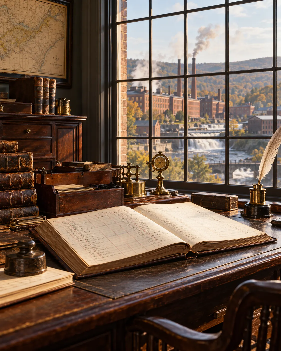 AI-generated historical editorial cover, depicting an 1860s account book and factory ledgers; synthetic, not documentary. Prompt: “Photorealistic historical editorial cover, 1860s American industrialist’s office with an open handwritten ledger, brass desk instruments and a distant textile-style factory window, no legible text, no people, no weapons or logos, warm archival daylight, portrait 4:5.”