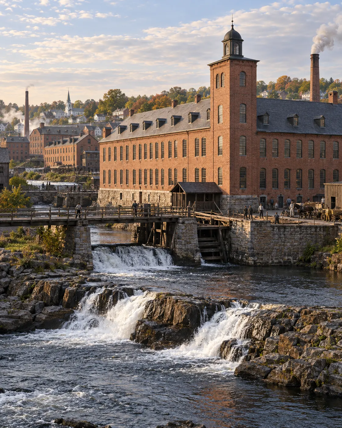 AI-generated historical illustration of a 19th-century American factory exterior and industrial community; synthetic, not documentary. Prompt: “Photorealistic historical editorial scene of a 19th-century Connecticut manufacturing complex beside a river, brick armory buildings, water tower, workers seen only as tiny silhouettes, no logos, no readable text, no weapons, no violence, documentary lighting, portrait 4:5.”