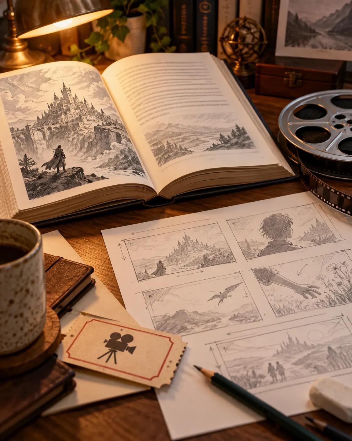 AI-generated editorial still life showing a generic fantasy book beside blank storyboard panels and a cinema ticket, evoking adaptation.