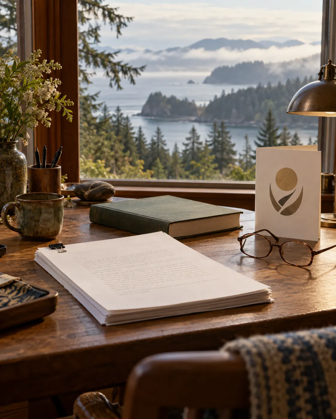 Титульна AI-згенерована ілюстрація / AI-generated cover illustration. A generic writer’s desk, story manuscript, and blank award program evoke Le Guin’s writing and Pulitzer finalist recognition; no real award insignia or person is shown.