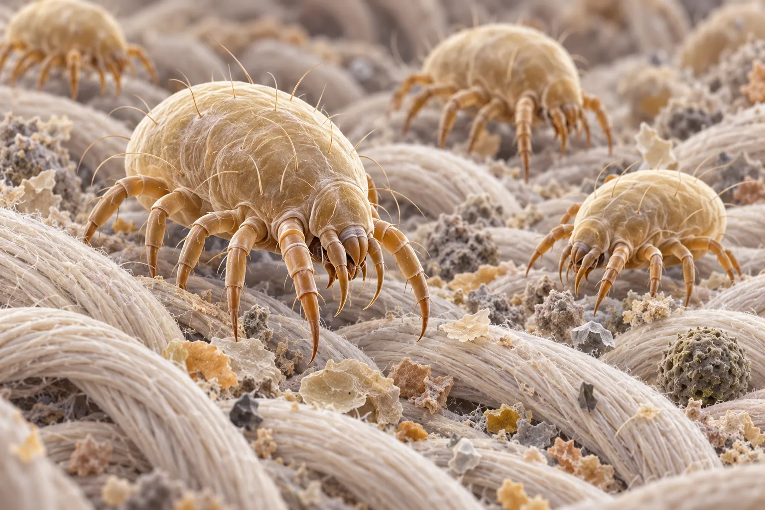 AI-generated microscopic-style illustration of house dust mites among mattress fibers. It is illustrative, not a microscope image or a measured population. Generated on 2026-10-13; no external creator/license. The post discloses AI generation.