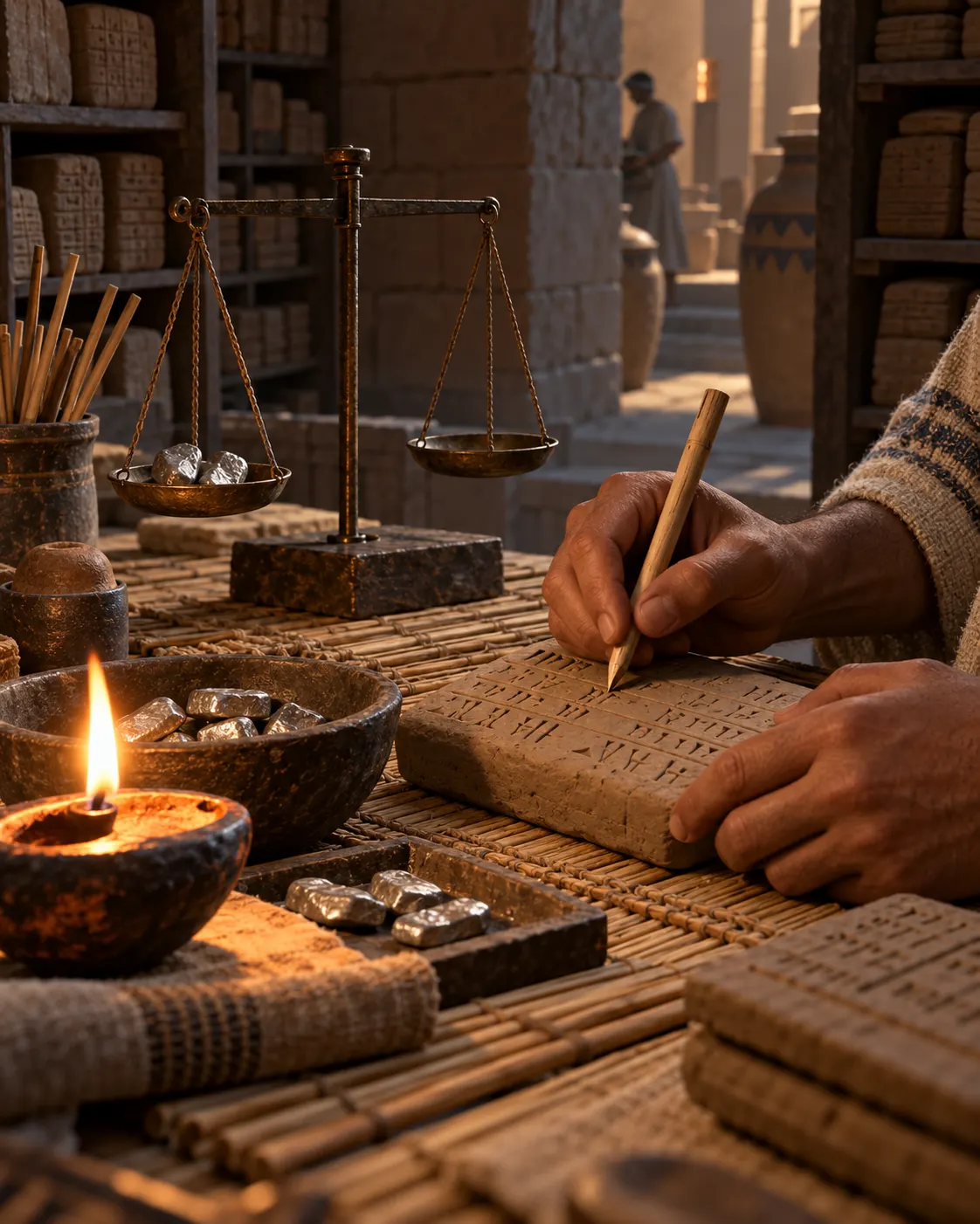 A reconstructed Mesopotamian scribe records an account beside weighed silver; not a specific surviving tablet.