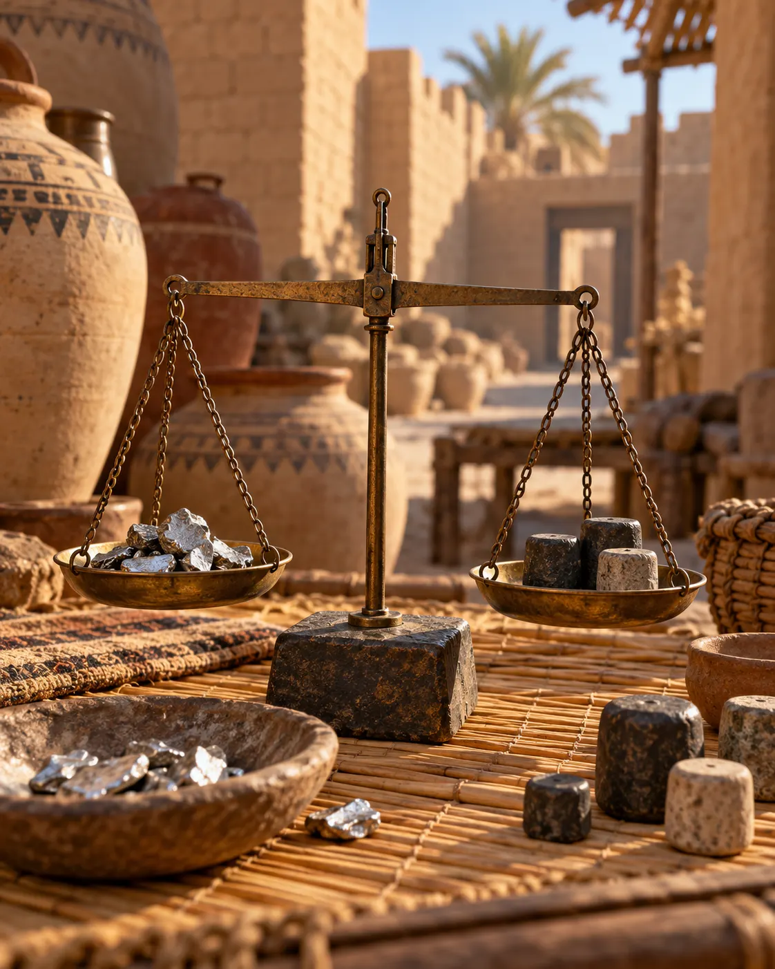 Silver fragments and stone weights measured on a balance in a reconstructed Mesopotamian merchant courtyard; not a specific artifact.