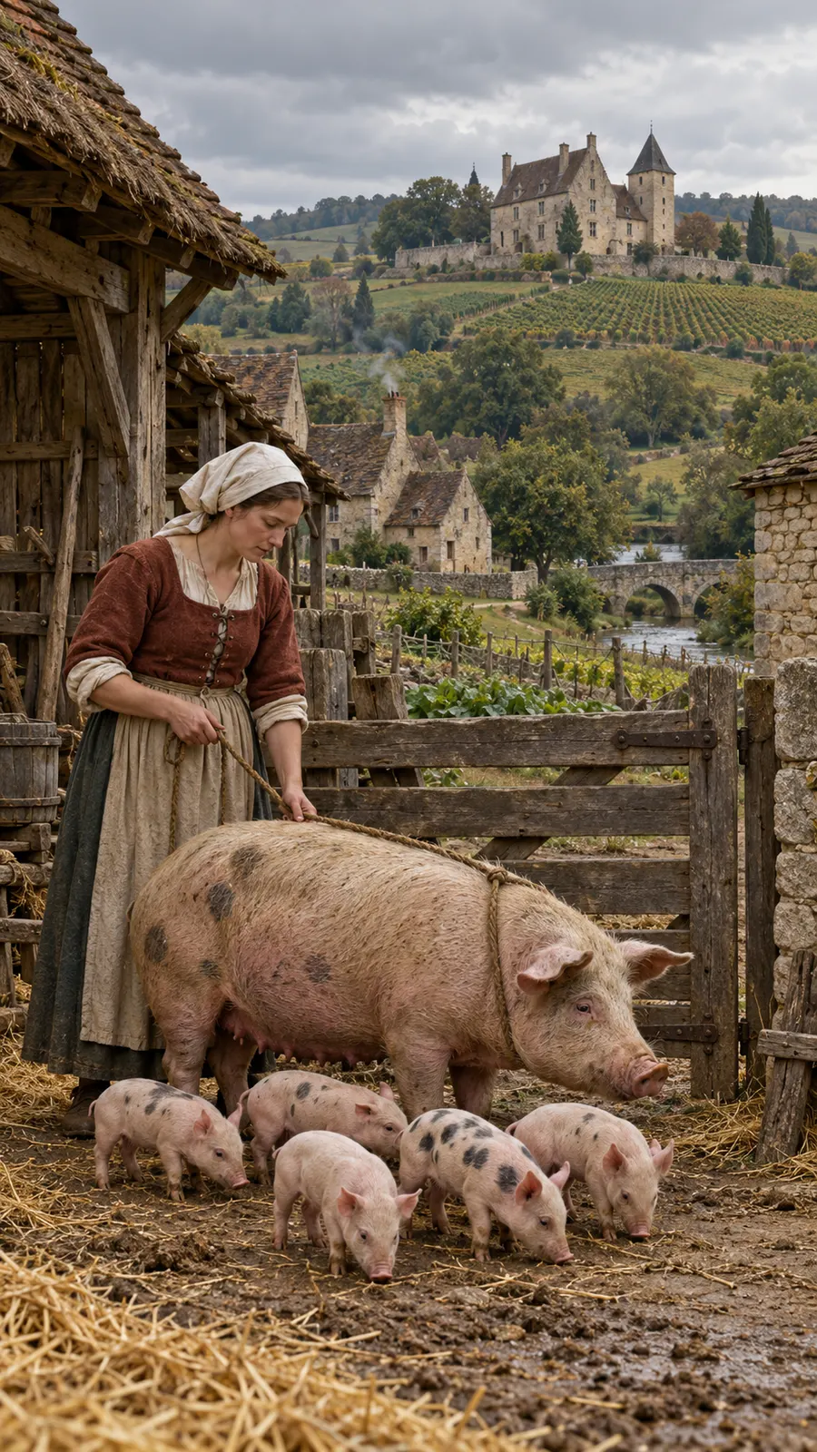 AI-generated reconstruction of a rural Burgundy farmyard with a sow and six piglets, inspired by the 1457 Savigny case. Not a documentary image and not evidence for the court record.