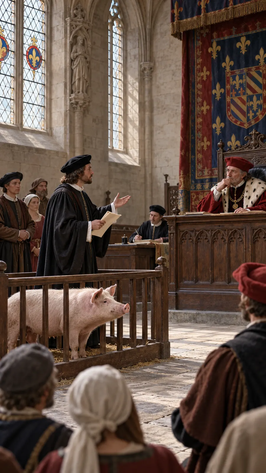 AI-generated cover illustration / Титульна AI-реконструкція. Medieval courtroom scene with a pig and a human advocate, created to illustrate the general topic, not a specific trial.