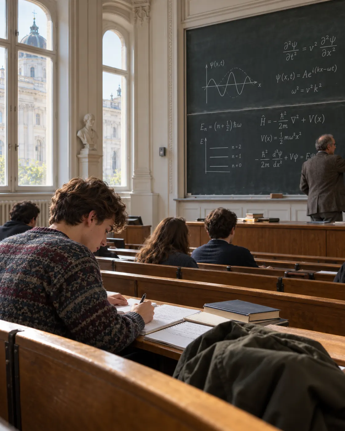 AI-generated illustrative reconstruction of a physics lecture in a historic Vienna university setting, representing Lem’s studies in physics and mathematics.