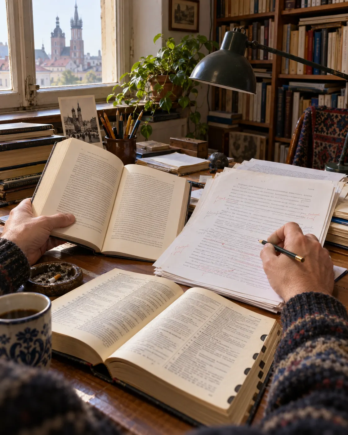 AI-generated illustrative reconstruction of a literary translator’s desk, with English books and a marked-up manuscript evoking English-to-Polish translation.