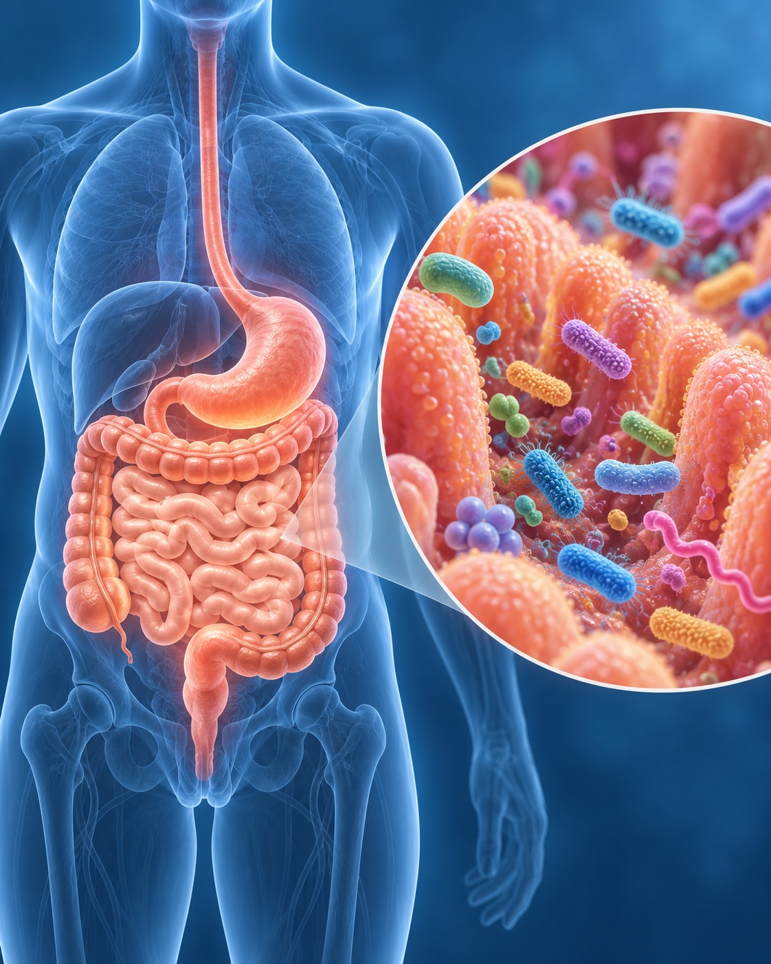 AI-generated conceptual illustration of the human digestive tract with a magnified view of microbes. It is not an anatomical scan, exact representation, or proportional data graphic. Prompt: “Vertical 4:5 educational science illustration. A neutral translucent human torso silhouette with the digestive tract subtly highlighted, paired with an enlarged conceptual view of diverse tiny gut microbes around intestinal folds. Clean scientific museum illustration, calm blue and warm coral colors, accurate non-graphic anatomy, no text, no numbers, no scales, no measurement devices, no misleading size comparison. The magnification is illustrative and not to scale. Not a medical scan or data chart.” Generated 2026-10-29; no external source or documentary role.