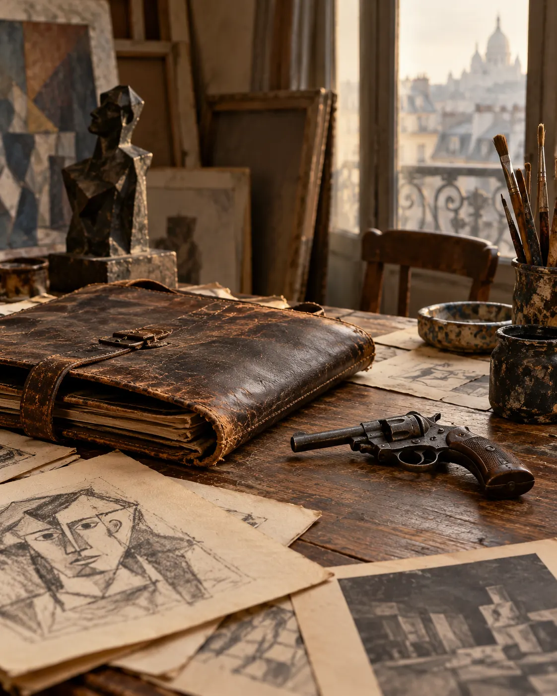 AI-generated with OpenAI image generation. Prompt: “Photorealistic editorial cover illustration for a carefully sourced historical fact about Pablo Picasso and an old pistol. A quiet early-1900s Paris studio desk with archival papers, a worn leather artist's portfolio, and a small antique revolver resting safely unloaded and untouched beside it; no people, no ammunition, no action, no logos, no readable text. Muted warm light, documentary still life, portrait 4:5 composition. Historical context only, non-graphic.”