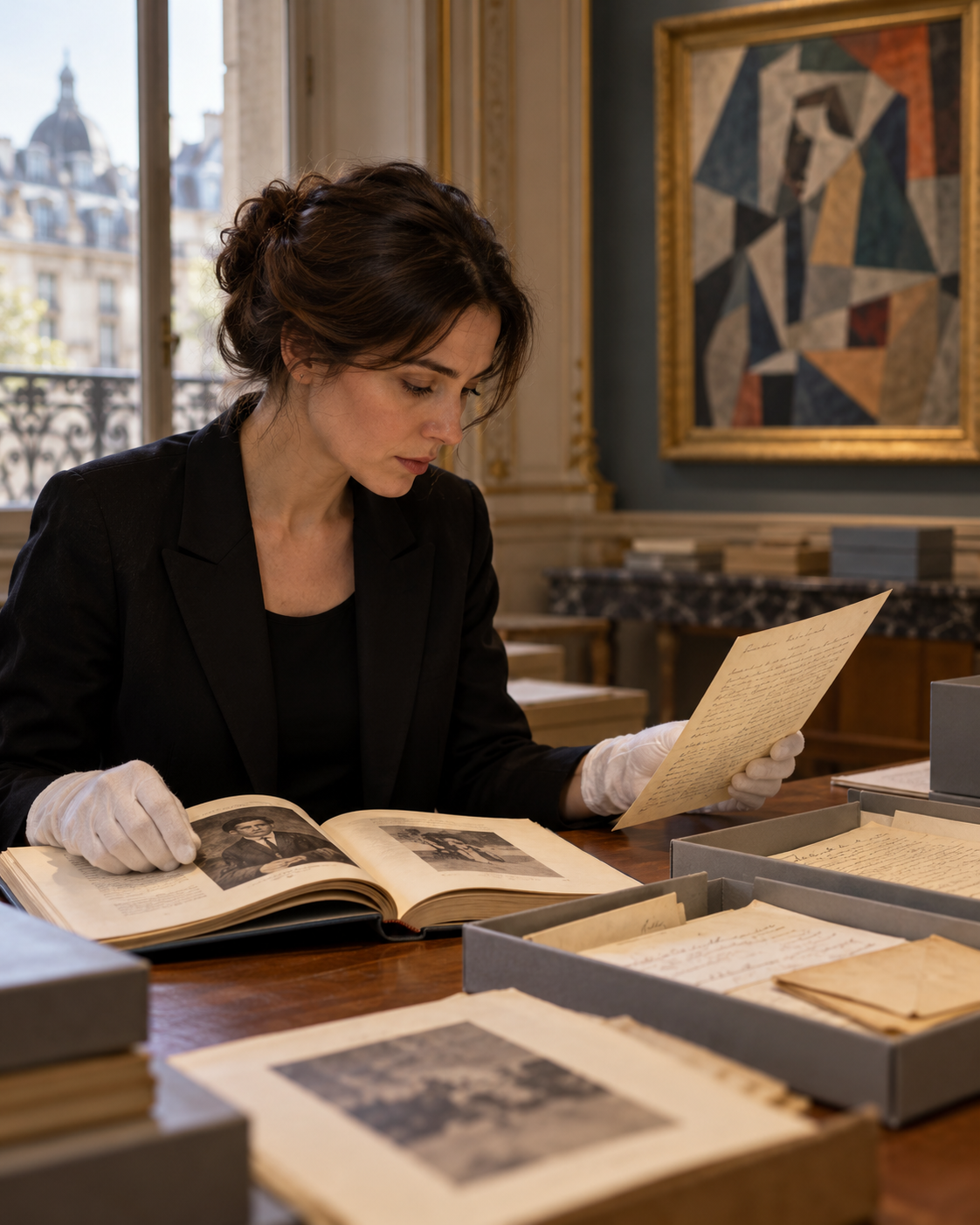 AI-generated with OpenAI image generation. Prompt: “Distinct photorealistic editorial illustration for an art history article about how anecdotes grow around famous artists. A museum researcher in gloves compares an open biography and archival correspondence at a Paris art archive table; a small framed reproduction of an abstract cubist painting is softly out of focus on the wall, no recognizable copyrighted artwork, no readable writing, no weapons, no logos. Quiet documentary lighting, portrait 4:5 composition.”