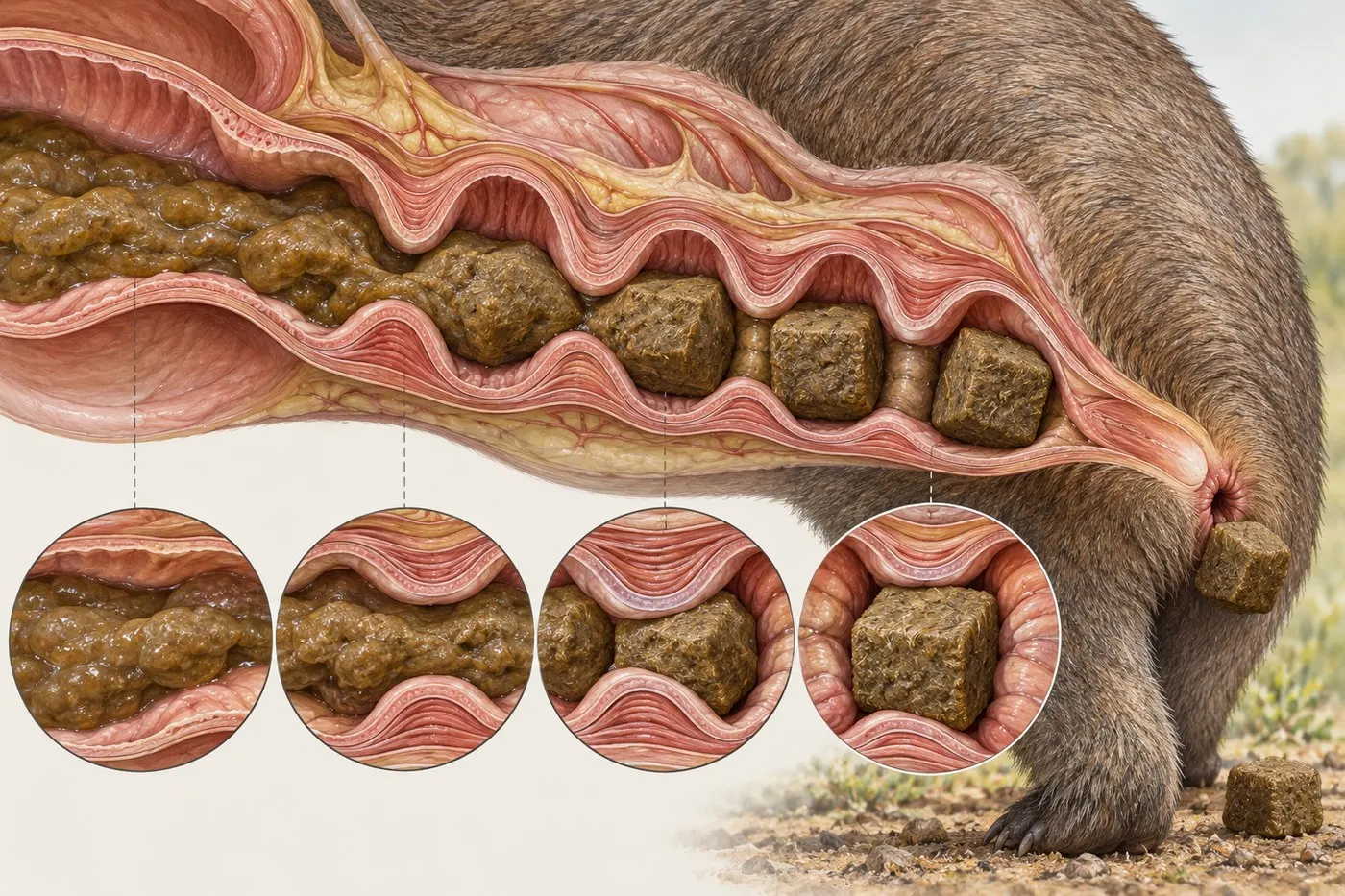 Conceptual cutaway illustrating how changing intestinal wall elasticity can shape fecal material into angular pieces.
