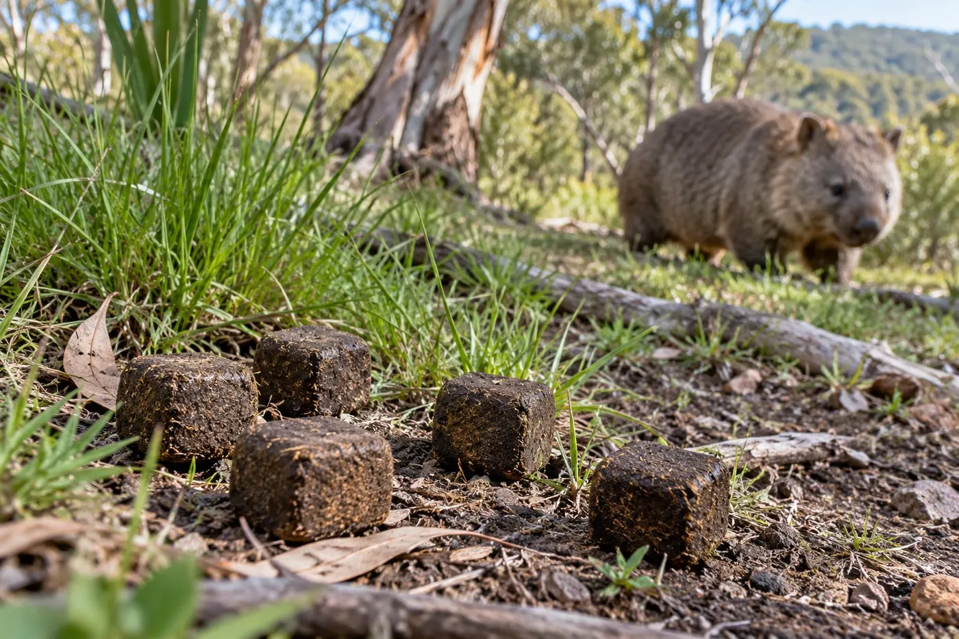 Cube-shaped droppings on woodland soil with a wombat in the background.