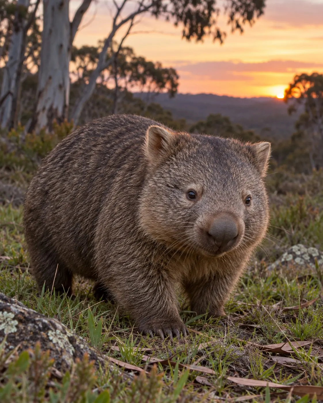 Титульна AI-згенерована ілюстрація / AI-generated cover illustration. A bare-nosed wombat in a grassy Australian woodland at dusk.