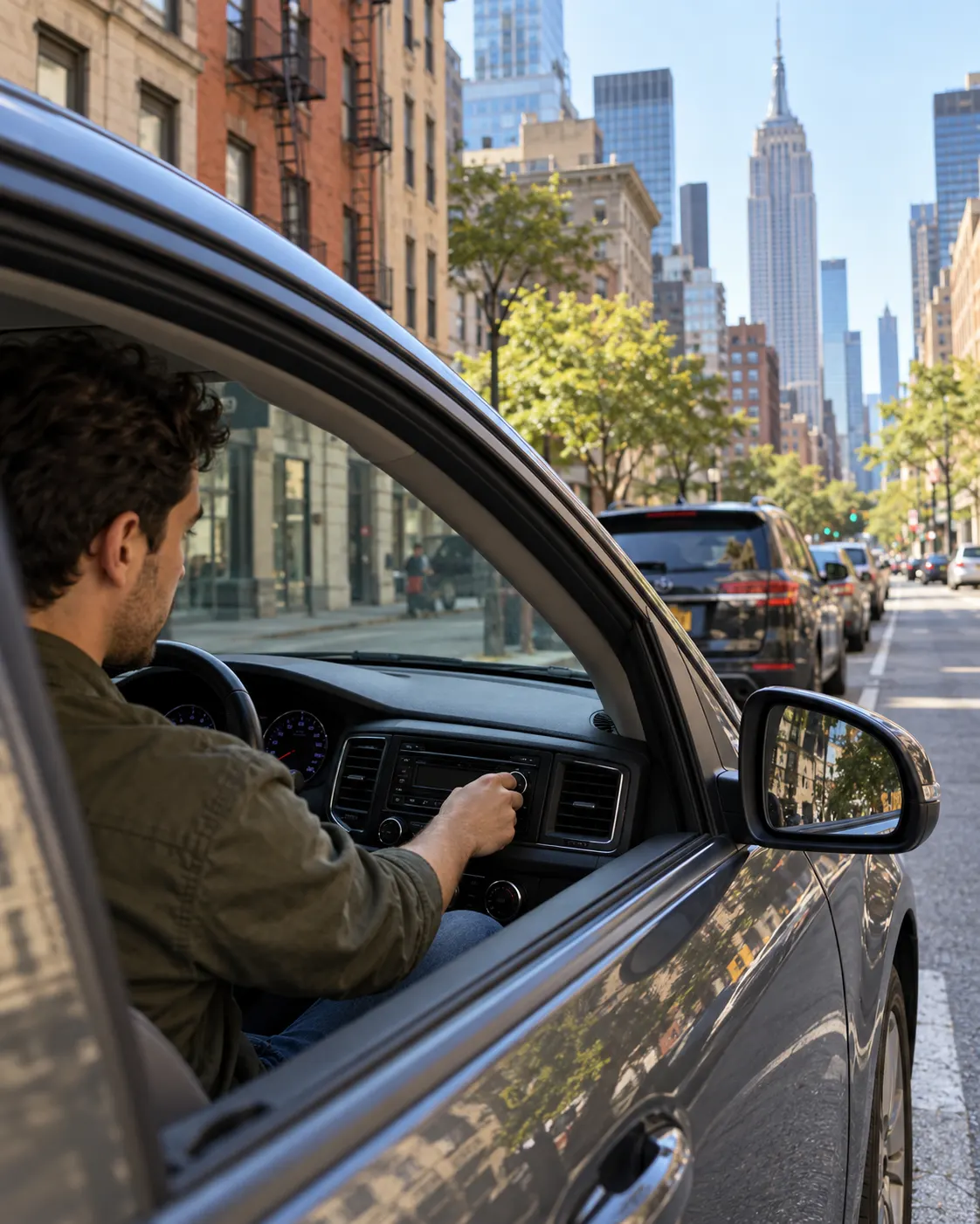 AI-generated illustrative cover, created 2026-10-25. Prompt: “Urban documentary photograph, vertical 4:5, New York City street with a parked car and city buildings, a person lowering car stereo volume, no police action, no text or logos, realistic daylight. Illustrative cover about vehicle noise regulations.”