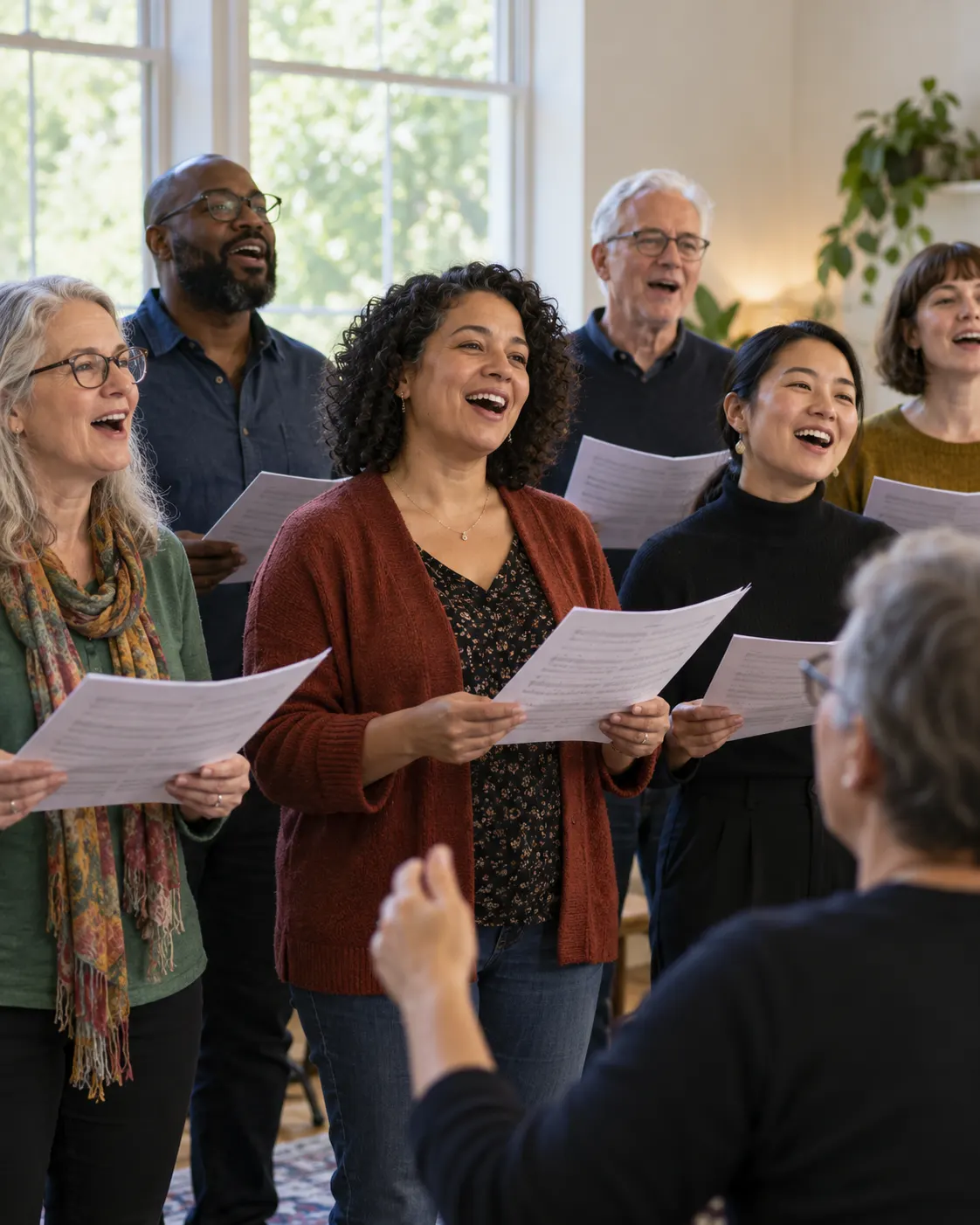 AI-generated illustrative cover, created 2026-10-25. Prompt: “Realistic documentary editorial photograph, vertical 4:5, small community choir singing together in a bright rehearsal room, diverse adults, warm candid expression, no logos or text, natural light. Illustrative cover about social connection and group singing research.”