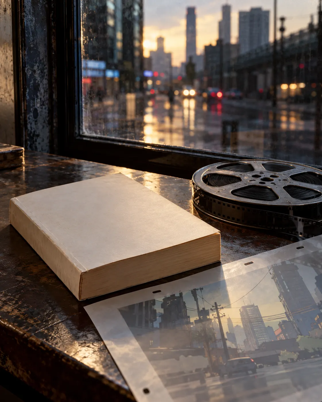 Титульна AI-згенерована ілюстрація / AI-generated cover illustration. A plain book and film reel beside a translucent cel and blurred city reflected in glass, symbolizing the move from novel to film; not a documentary photograph.