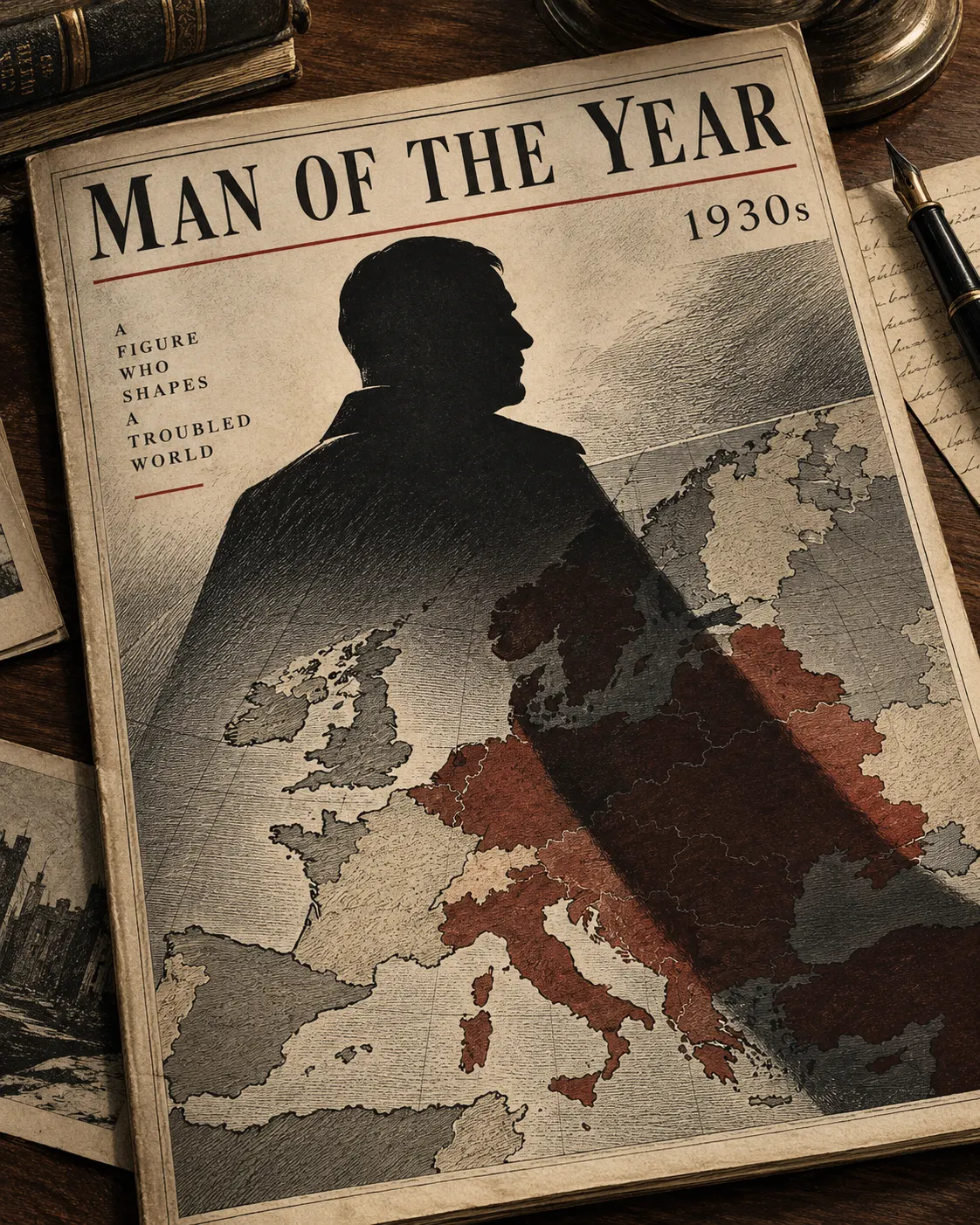AI-generated symbolic editorial illustration: a fictional 1930s magazine page, anonymous silhouette, and map of Europe. It is not an authentic TIME cover, photograph, or depiction of a specific historical individual. Created for this package; no external license applies. Prompt: “Create a non-photographic editorial illustration for a historical fact-check: a 1930s magazine page on a desk, with an abstract dark silhouette and a shadow cast across a map of Europe, suggesting a notorious dictator's selection as an influential figure of the year. Do not depict a real person's face, swastika, hate symbols, or reproduce a real magazine cover. Archival ink engraving, somber restrained palette, clear symbolic editorial art, portrait 4:5.”
