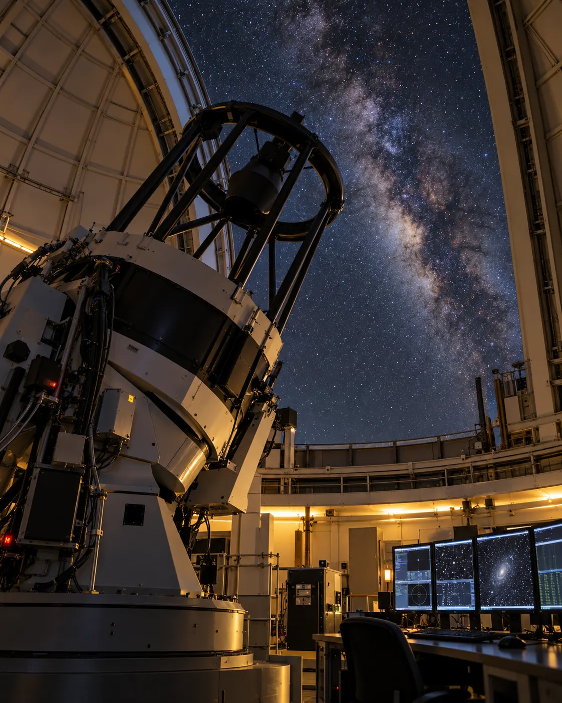 AI-generated generic asteroid survey observatory interior, not a named facility. Prompt: “Photorealistic editorial view of astronomers' observatory at night: large optical survey telescope aimed at a clear star field, monitor glow and dome interior, no people identifiable, vertical 4:5. Realistic science documentary style, no logos, no text, no claim this is a particular NASA facility.” Generated 2026-10-19.