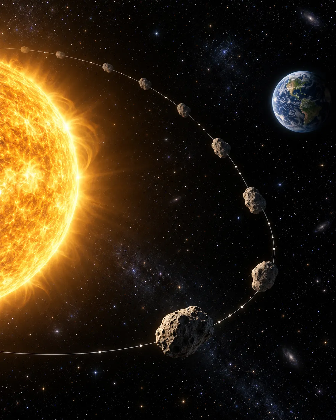 AI-generated educational visualization of repeated asteroid observations refining an orbit, with no specific object, data, or scale asserted. Prompt: “Photorealistic scientific visualization of a near-Earth asteroid orbit refined through repeated observations: small irregular rocky body with several subtle dotted observation positions along a curved orbital path around the Sun and Earth shown at a distance, deep black starfield, vertical 4:5. Educational editorial graphic with no labels, numbers, text, logos, or specific object designation.” Generated 2026-10-19.