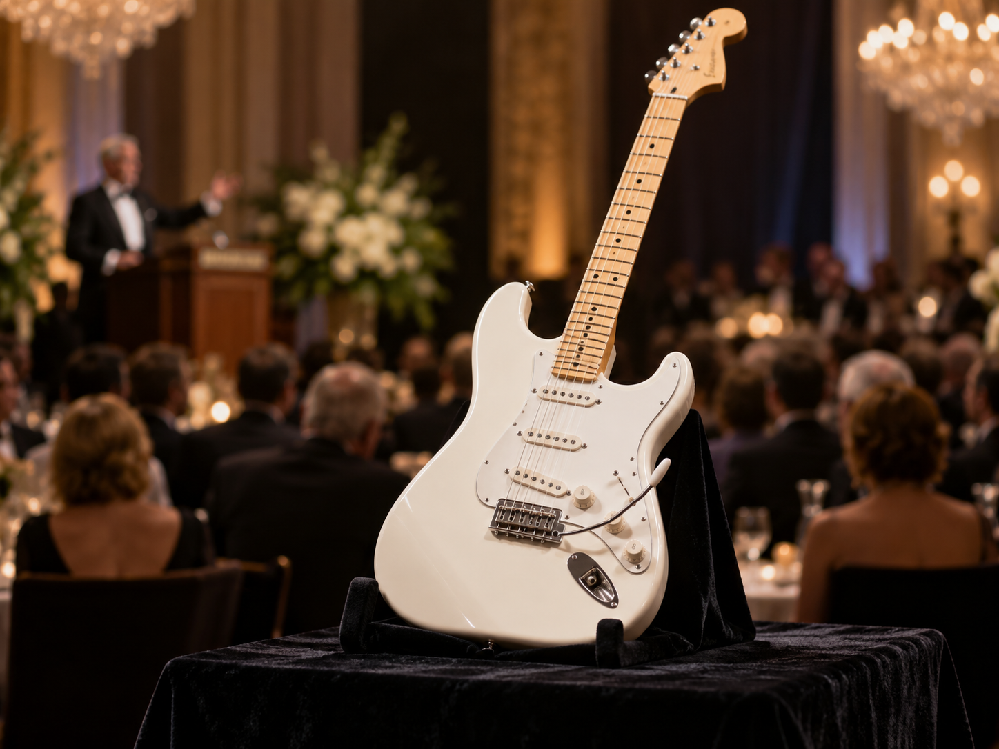 AI-generated editorial illustration of a white electric guitar on display at a charity auction.